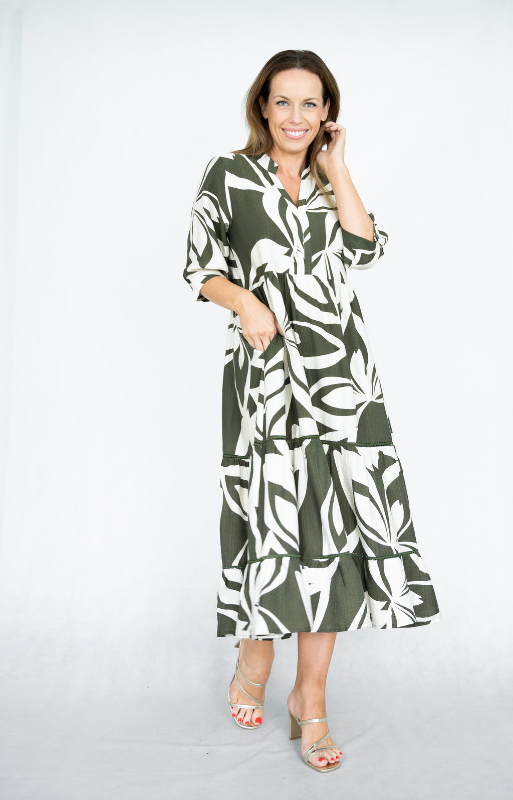 WILLOW TREE ABSTRACT PRINT TRIM TIERED DRESS