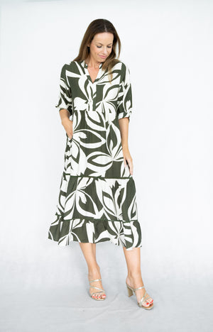 WILLOW TREE ABSTRACT PRINT TRIM TIERED DRESS