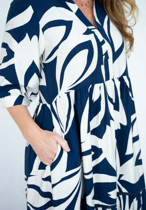 WILLOW TREE ABSTRACT PRINT TRIM TIERED DRESS