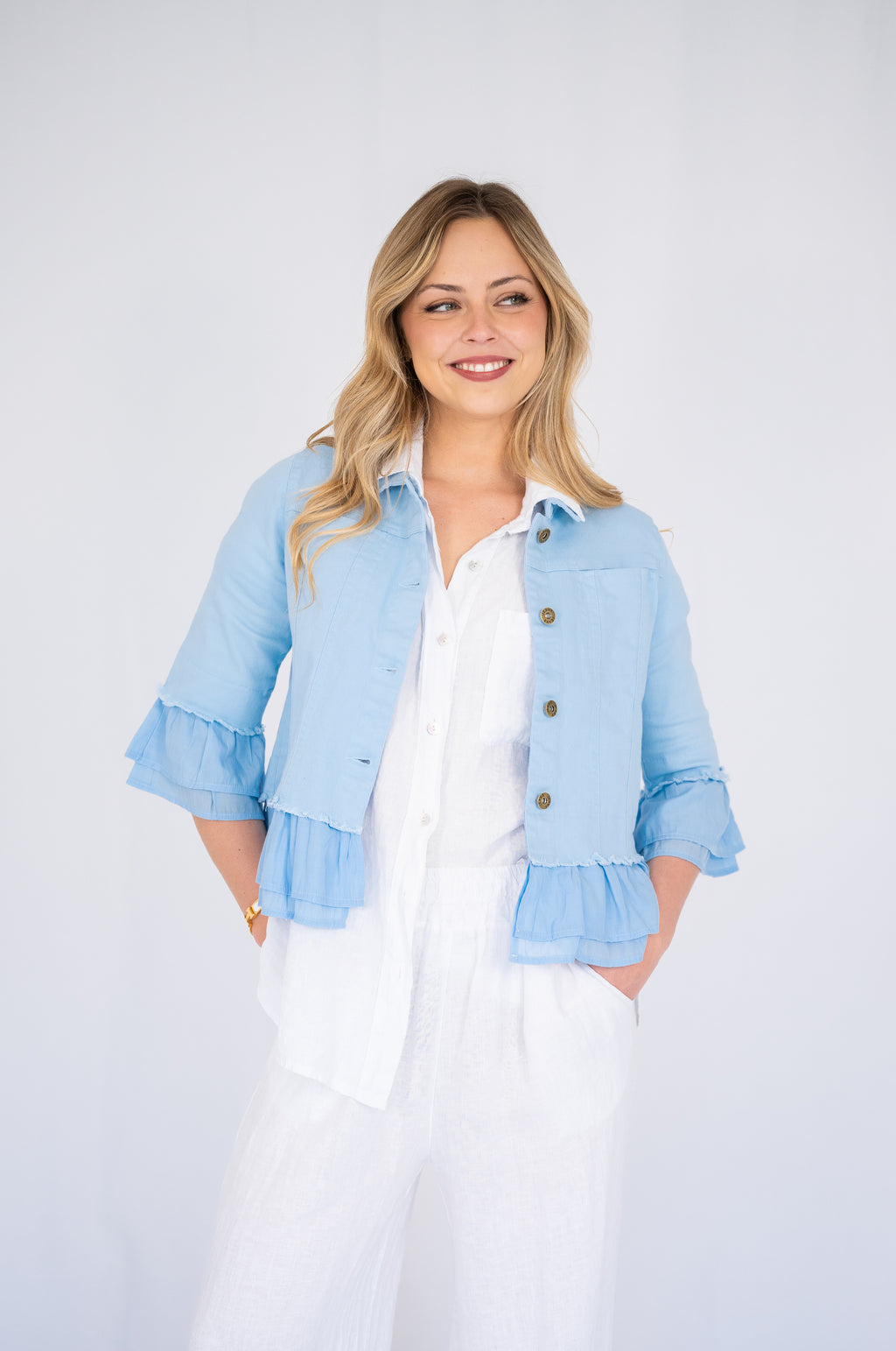 JOLIE SAULE FRILL TRIM DENIM JACKET