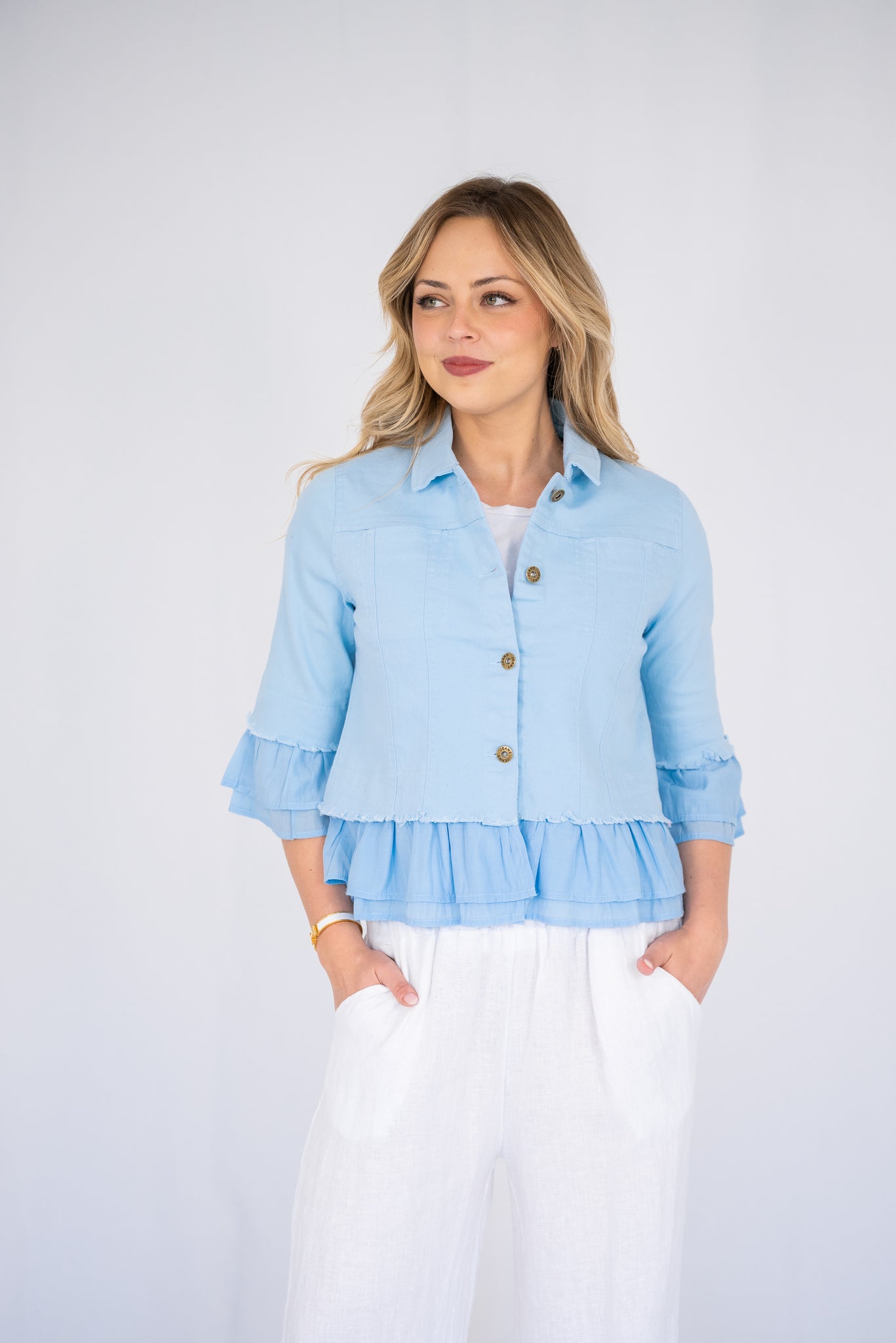 JOLIE SAULE FRILL TRIM DENIM JACKET